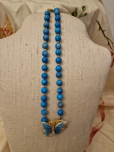Collana pietra Turchese Farfalla Smalto Strass Lung. Cm. 43 vintage (V3) ^ - Picture 1 of 9