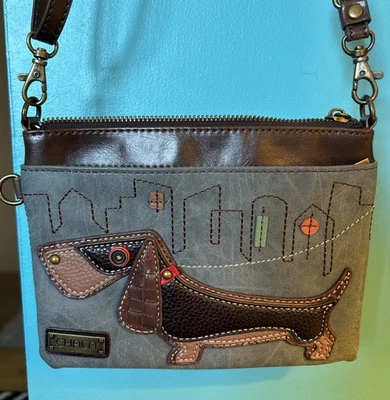 Chala  Blue Crossbody Bag Dachsund Dog Convertible Straps Vegan Leather NWOTS - Image 1 of 4