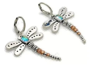 Antiqued Silvertone rustic Longer DRAGONFLY leverback earrings with AB stone - Picture 1 of 4
