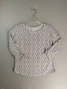 T by Talbots Womens Top MP Petite White Geometric 3/4 Sleeve Round Neck Blouse - Picture 1 of 8