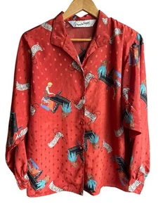 Diane Von Furstenberg Vintage Flapper Girl On Piano Silky Orange Blouse Sz SMALL - Picture 1 of 8