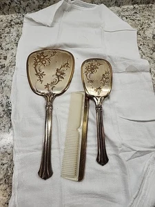 Art Deco gold tone floral vanity hand mirro, Brush And Comb Vintage Vanity - Picture 1 of 7