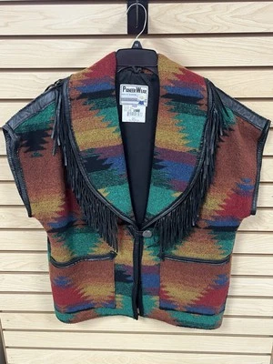 Vintage Pioneer Wear Navajo Aztec Blanket Vest S Wool Blend Leather Fringe Trim - Image 1 of 4