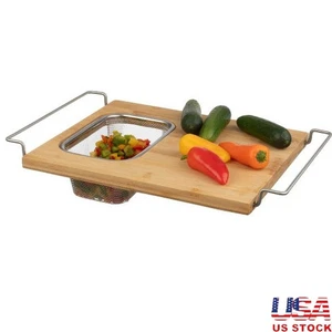 2 in 1 Bambus Schneidebrett Verstellbar Sieb Über Spüle Küchengerät Neu - Bild 1 von 8