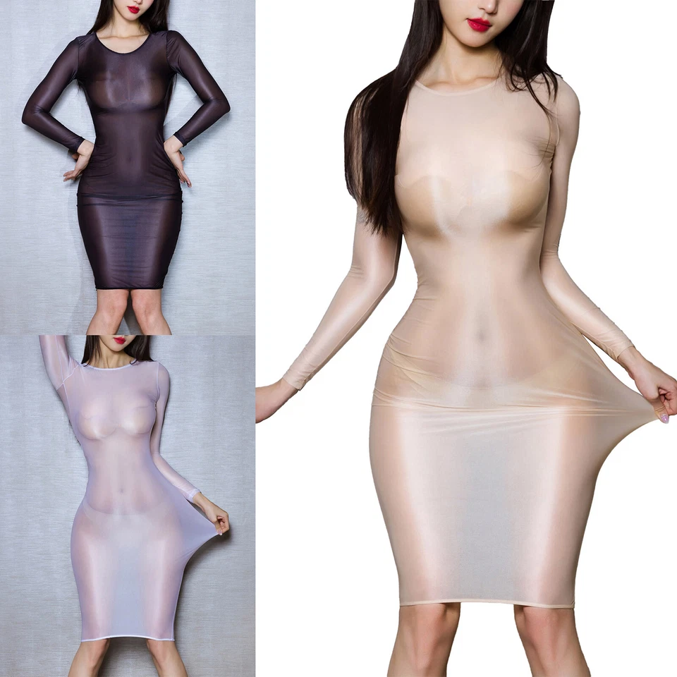 UK Womens Glossy Swimsuit Longsleeve Party Bodycon Slim Sexy Cover Up Midi Dress - Image 1 of 4