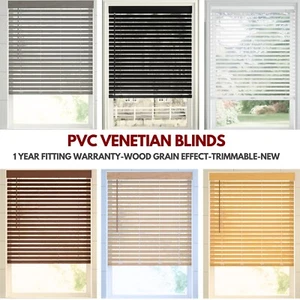 PVC Venetian Blind Window Blind Black Cream White Grey Or Wooden Grain Effect UK - Picture 1 of 33