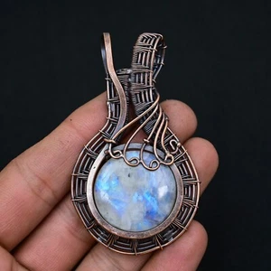 Arco iris piedra lunar piedra preciosa alambre de cobre envuelto colgante hecho a mano collar joyería - Imagen 1 de 4