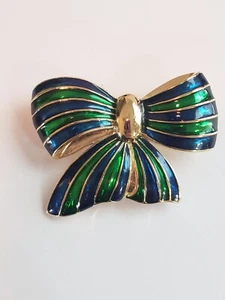 Park Lane Green & Blue Enamel Bow Brooch Pin Signed, Goldtone - Picture 1 of 4