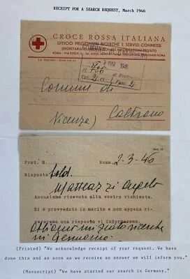 Receipt For Serch Request Cover Red Cross POW Services Rome Italy 1946 - Image 1 of 3