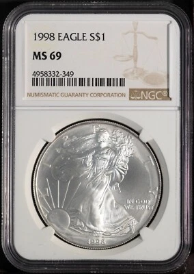 1998 $1 Silver American Eagle MS 69 NGC # 4958332-349 + Bonus - Image 1 of 2