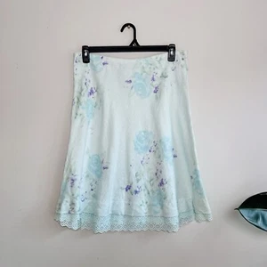 Falda de lino floral J.Jill talla mediana azul flores encaje ribete hasta la rodilla M - Imagen 1 de 4