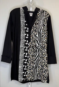 Chico’s No-Iron Tunic Top 1 (8 M) Black Animal Print Mix Zebra Leopard Stretch - Picture 1 of 8