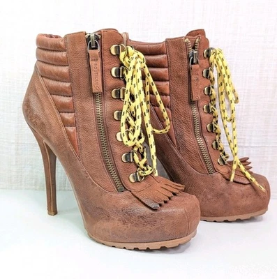 Boutique 9 Arael Platform Brown Bootie Size US 7.5 Pleated Yellow Lace Up  - image 1 of 4
