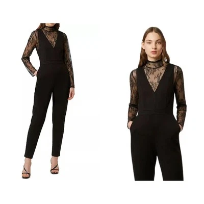 French Connection Lula Lace Black Jumpsuit 2 Sheer Mock Neck formal whimsigoth - Image 1 of 4
