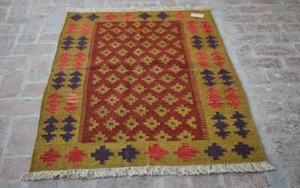 Afghan Handwoven Khotrang Area Kilim Rug 3x5 ft Rustic Red Tribal Geometric Rug - Picture 1 of 10