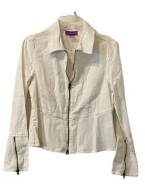 Chaqueta de mezclilla blanca con cremallera frontal Suzanne Somers Collections talla 14 con cremalleras en la manga Foto 1 de 4