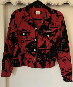 VTG 80’s Unique Parkers Jeans Womens Red & Black Velour Jacket With Faces Size M - Picture 1 of 14