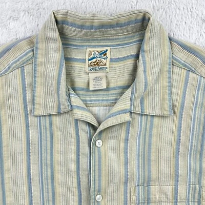 Camisa Travelsmith vintage para hombre XL beige azul a rayas seda manga corta campamento años 90 Foto 1 de 4