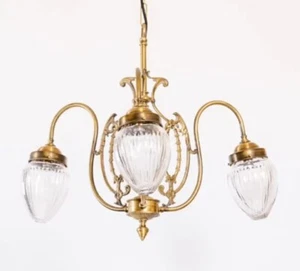 ANTIQUE OLD VINTAGE ART DECO BRASS & GLASS CEILING FIXTURE CHANDELIER LIGHT LAMP - Picture 1 of 2