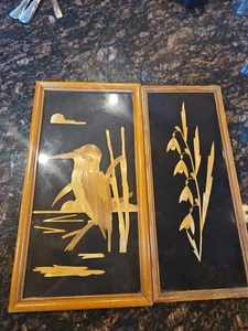 2 Vintage Strohkunst gerahmte Intarsien, Kunstwerke, deutsch, Blumen, Vogel, MCM - Bild 1 von 8