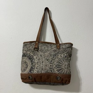 Myra Upscycled Canvas and Leather Tote Bag Double Handle Western Purse STAINS - Picture 1 of 19