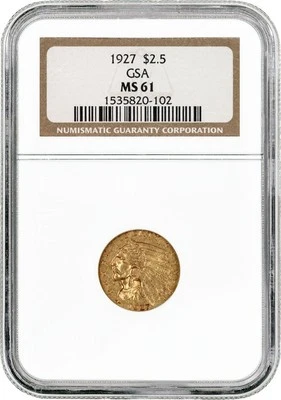 1927 $2.50 Indian Head Quarter Eagle Gold NGC MS61 GSA Uncirculated Coin - Image 1 of 4