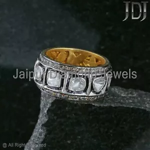 925 Sterling Silver Ring Natural Polki Pave Diamond Victorian Band Eternity Ring - Picture 1 of 7