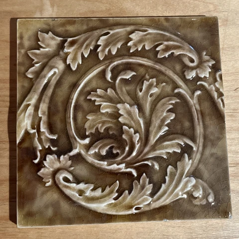 A.E.Tile Co. 6" sculpted swirling laurel leaf wall tile,antique,USA Cover