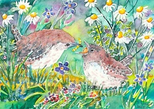 "Ein hungriges Zaunkönig-Küken" Postkarte Vögel Blumen Orig. Aquarell B. Krause - Bild 1 von 1