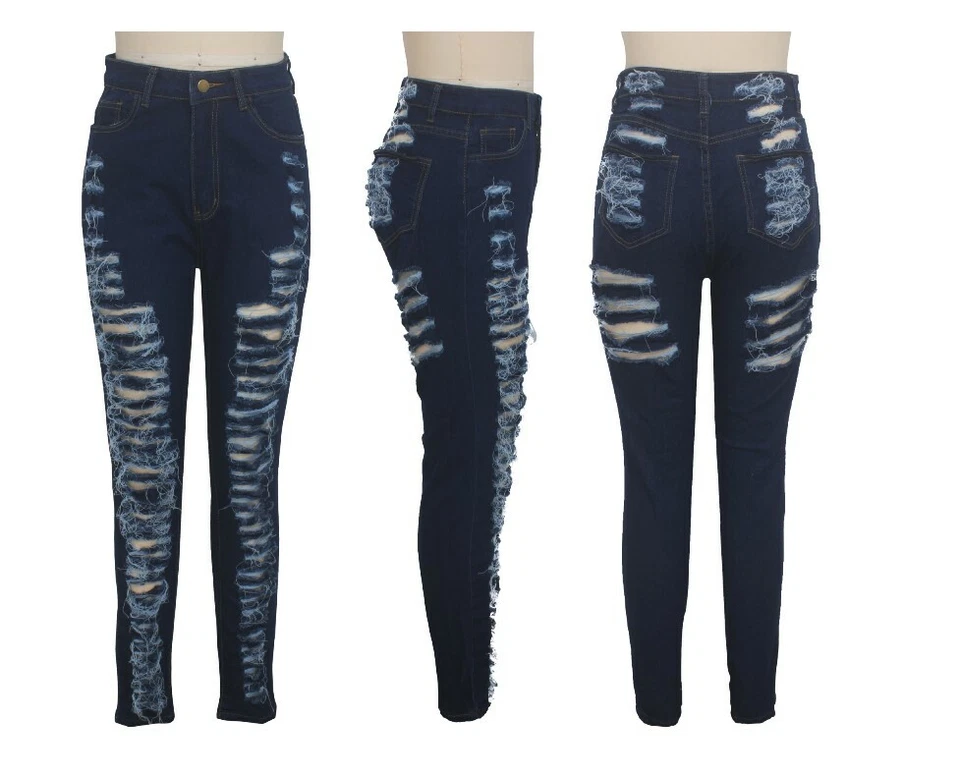 New Women Sexy Ripped Casual Club Hole Denim Hollow Out  Skinny Pencil Jeans  - Image 1 of 1
