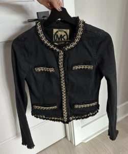 Michael By Michael Kors Black Denim Fitted Jacket W/Gold Chain Details - Sz. 2 - Picture 1 of 6