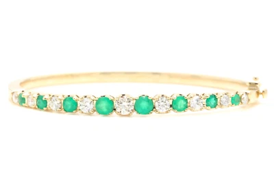 4.50Ct Natural Emerald and Diamond 14K Solid Yellow Gold Bangle Bracelet — 第 1/4 张图片