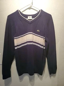 Suéter vintage Izod Lacoste azul marino a rayas crema para hombre 4 M-L Gator de colección preppy - Imagen 1 de 7