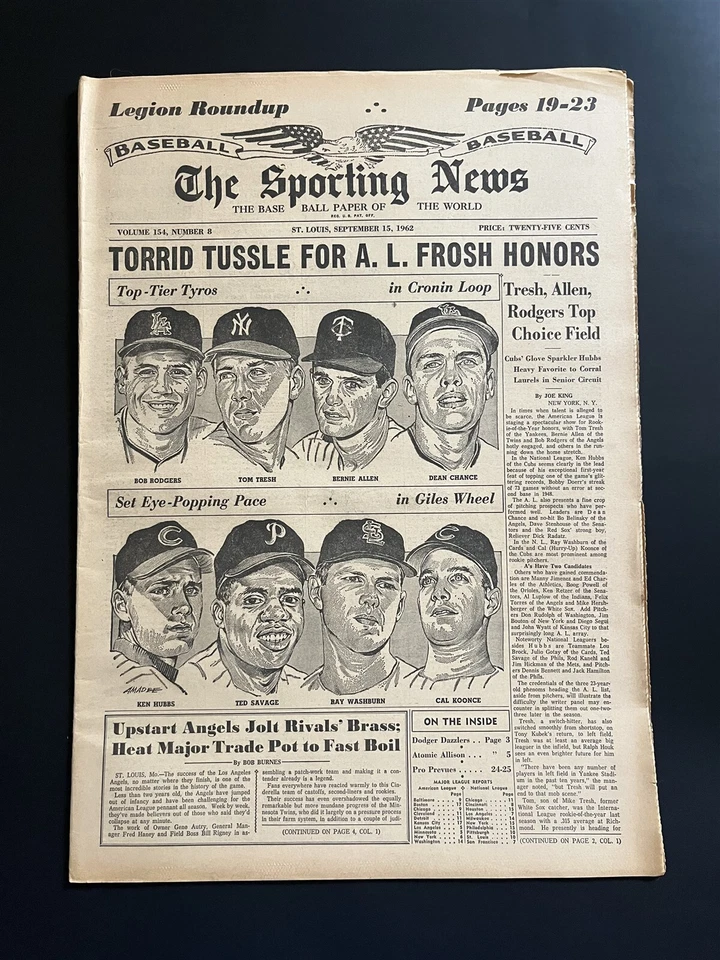 1962 Sporting News NEW YORK Yankees TOMMY TRESH Chicago Cubs KEN HUBBS Koonce - Image 1 of 1