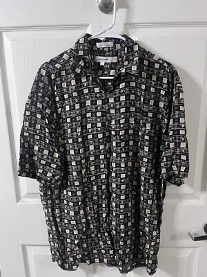 Men’s Formal Button Up Black Pattern Size L Pierre Cardin 100% Rayon Vintage 90s - Image 1 of 4