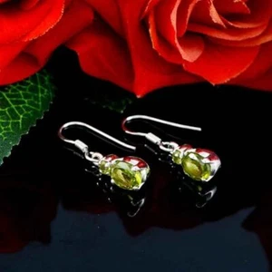 925 Silver Peridot Gemstone Green Oval Dangle Earring For Women - Picture 1 of 4