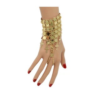 Women Gold Metal Hand Chain Bracelet Religious Fashion Jewelry Cross Charm Ring - Picture 1 of 14