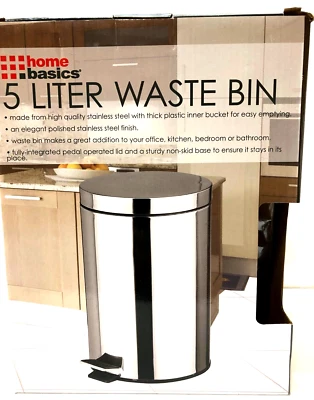 Home Basics 5 Liter Waste Bin Stainless Steel Pedal Operated Lid w Inner Bucket - Image 1 of 4