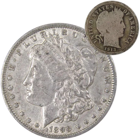 1890 O Morgan Dollar XF EF Extremely Fine with 1913 Barber Dime G Good Cover