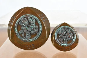 Pair of Vintage Chunky Brown Bakelite Buttons with Metal Inlay Flower Design - Picture 1 of 5