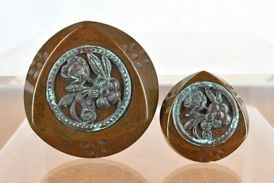 Pair of Vintage Chunky Brown Bakelite Buttons with Metal Inlay Flower Design - Image 1 of 4