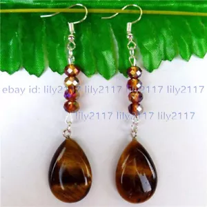 13x18mm Natural Yellow Tigers Eye Gems Teardrop Crystal Silver Dangle Earrings - Picture 1 of 3