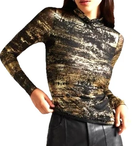 Camisa festiva Rachael Ray para mujer L negra metálica dorada semi transparente manga larga - Imagen 1 de 11