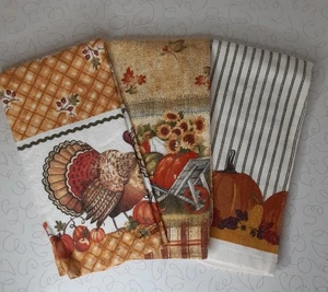 Dish Towels Set Of 3 Autumn Turkey Pumpkins - Picture 1 of 2