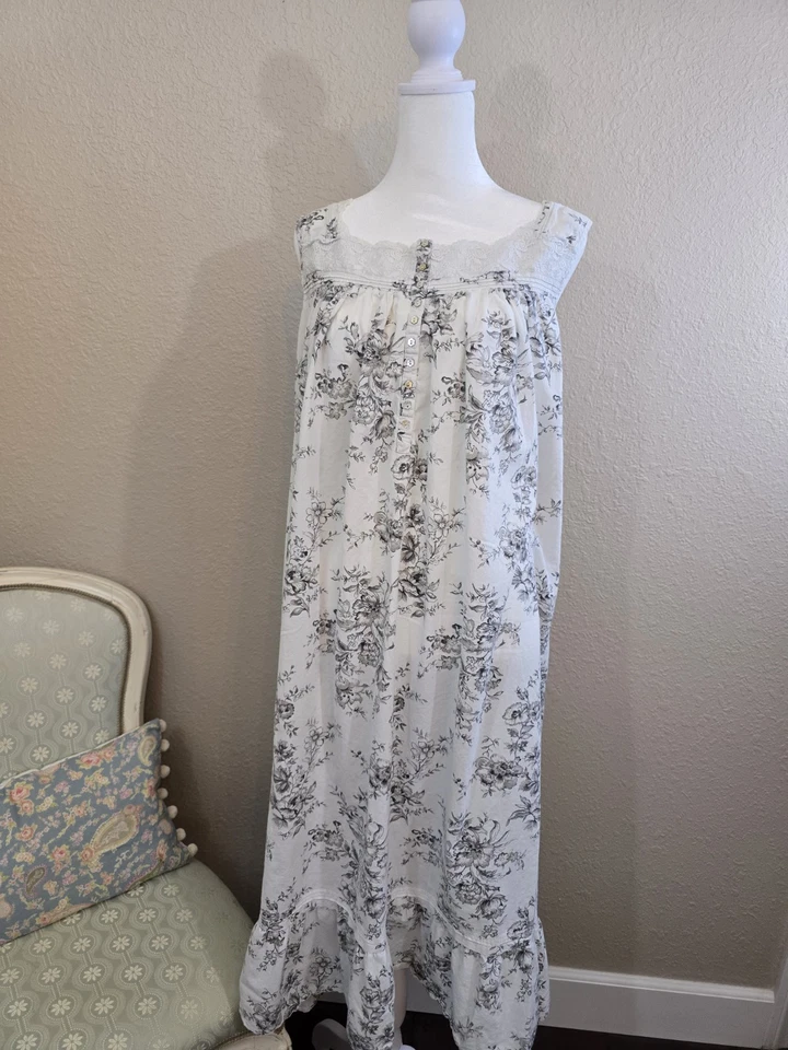 Camisón Eileen West para mujer grande blanco gris floral maxi cottagecore retro Foto 1 de 4