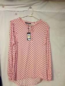 TOMMY HILFIGER Womens Pink Polka Dot Long Sleeve V Neck Blouse - Picture 1 of 3