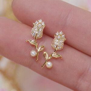 Elegant 925 Silver Women Cubic Zircon Pearl Stud Earrings Wedding Jewelry Gifts