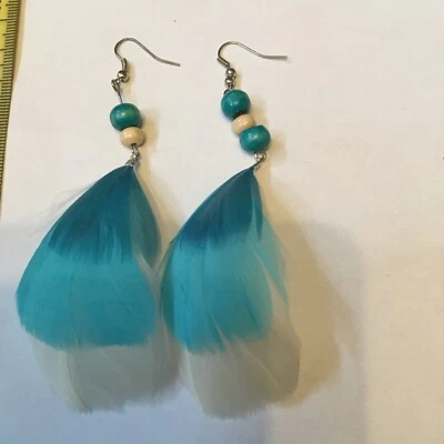 Wunderschöne Ohrringe Hänger Hippie Boho Sommer Silbern Federn Perlen Türkis - Bild 1 von 4