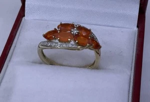 Hallmarked HM QVC 9ct 9k Yellow Gold Oval Fire Opal Diamond Band Ring Size M - Picture 1 of 12