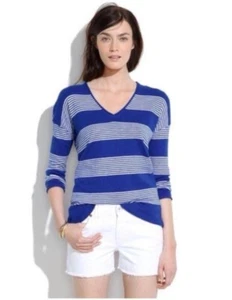 Madewell Deckhouse Sweater Stripe Blue White Wool Blend Warm V Neck Sz XS - Picture 1 of 7